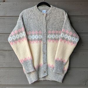 VTG 80s Ice Knit 100% Icelandic Wool Pastel Button Front Cardigan Large